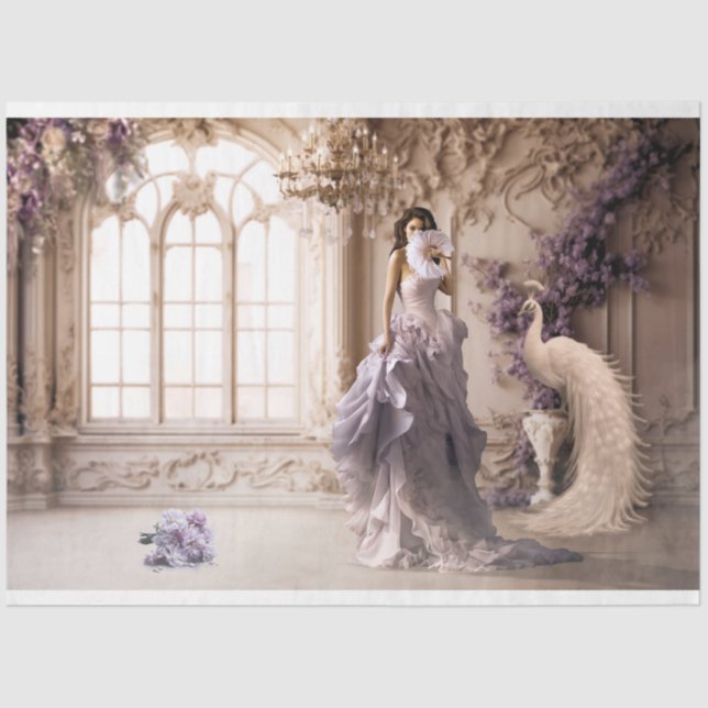 White Peacock & Lilac Elegant Woman Portrait Tissue Paper (Front)