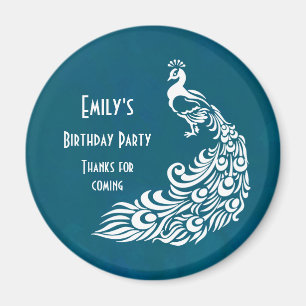 White Peacock on Teal Birthday Party Thank You Magnet
