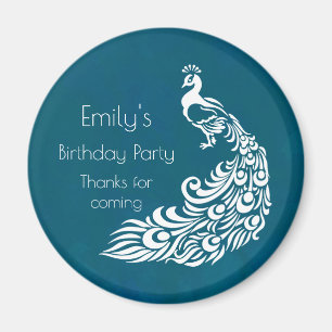 White Peacock on Teal Birthday Party Thank You Magnet