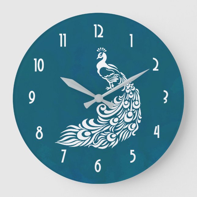 White Peacock on Teal Bold Stylish Art Deco Design Large Clock (Front)
