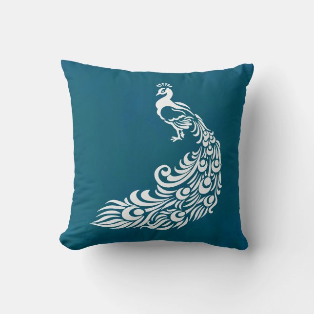White Peacock on Teal Chic Stylish Art Deco Design Cushion (Front)