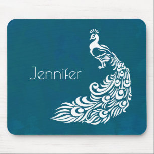 White Peacock on Teal Chic Stylish Art Deco Design Mouse Pad