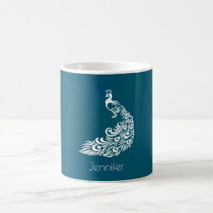 White Peacock on Teal Chic Stylish Personalised Coffee Mug