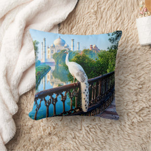 White Peacock Overlooking the Taj Mahal Cushion