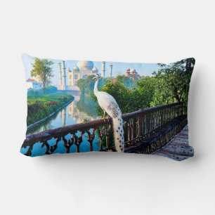 White Peacock Overlooking the Taj Mahal Lumbar Cushion