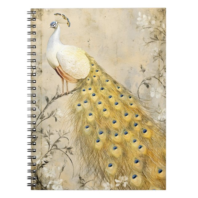 White peacock perched on a branch.   notebook (Front)