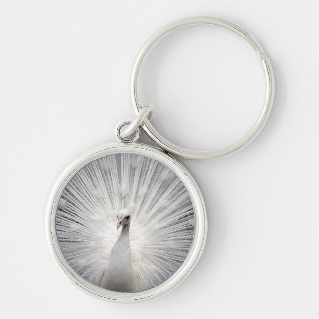 White Peacock with Fanned Feathers Key Ring (Front)