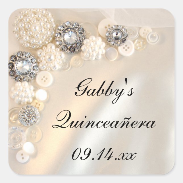 White Pearl and Diamond Buttons Quinceañera Square Sticker (Front)