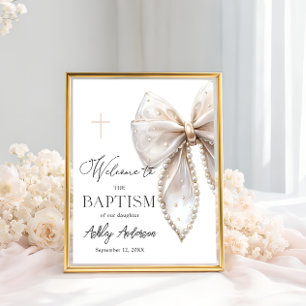 White Pearl Bow Baptism Welcome  Poster