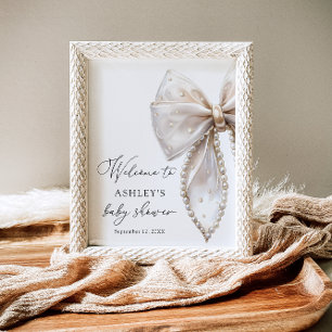 White Pearl Bow Girl Baby Shower Welcome  Poster