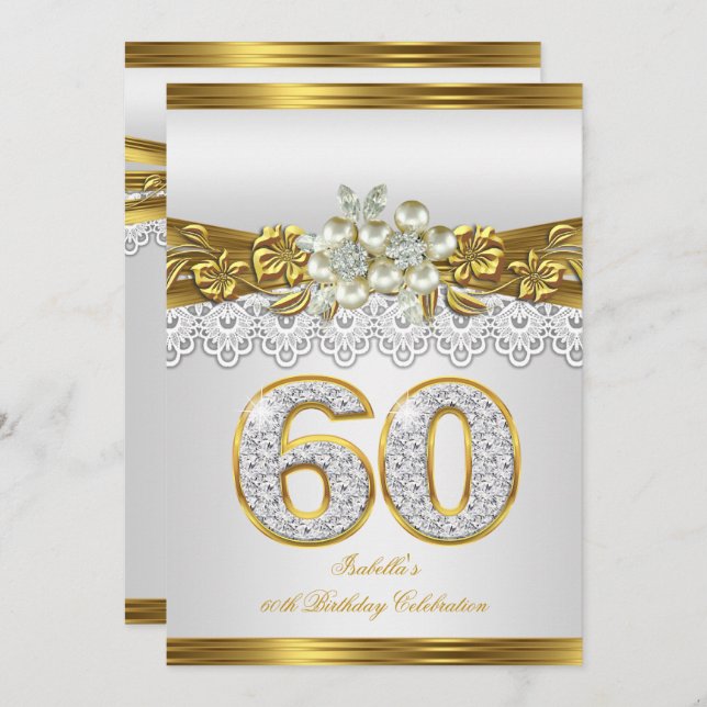 White Pearl Gold Lace Floral 60th Birthday Party Invitation (Front/Back)
