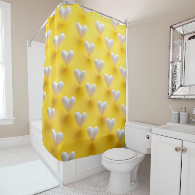 White pearl Hearts on Yellow Shower Curtain (In Situ)