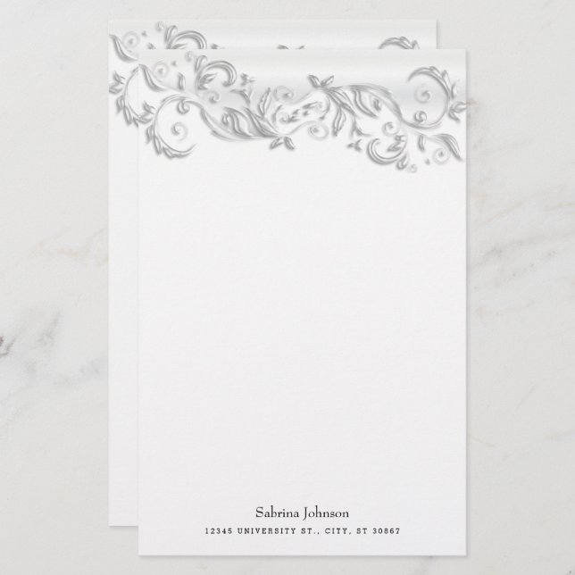 White Pearl Ornate on White Stationery (Front/Back)