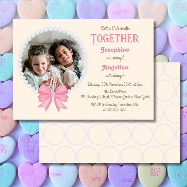 White Pearl Pink Bow Photo Girl Joint Birthday Invitation (Creator Uploaded)
