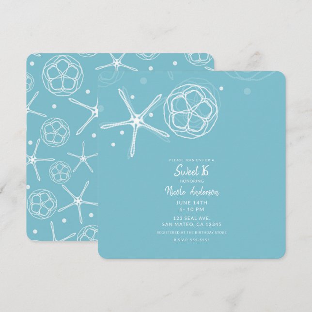 White Pearl Starfish Sweet 16 Sixteen Party Invitation (Front/Back)