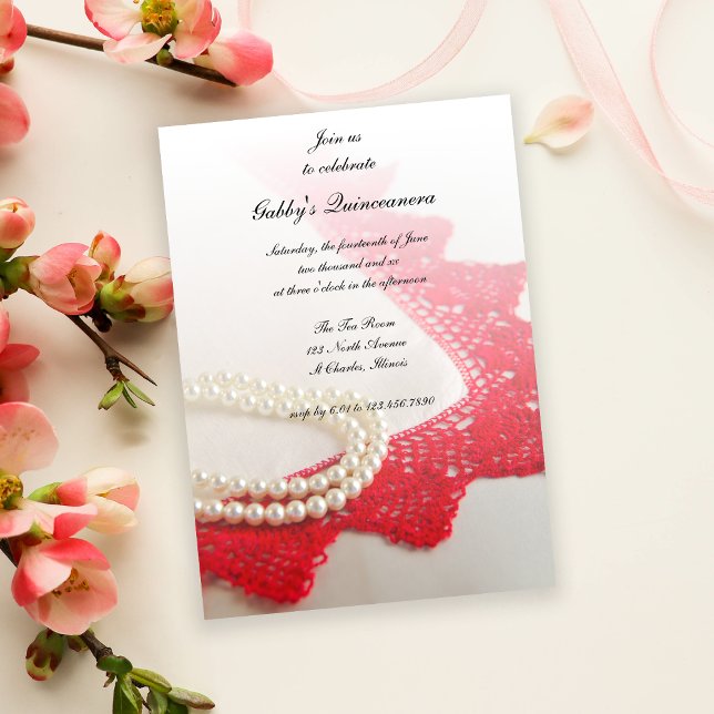 White Pearls and Red Lace Quinceañera Party Invitation (Creator Uploaded)
