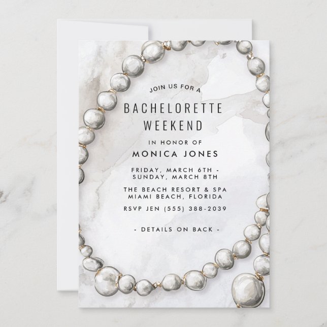 White Pearls Bachelorette Weekend party invitation (Front)