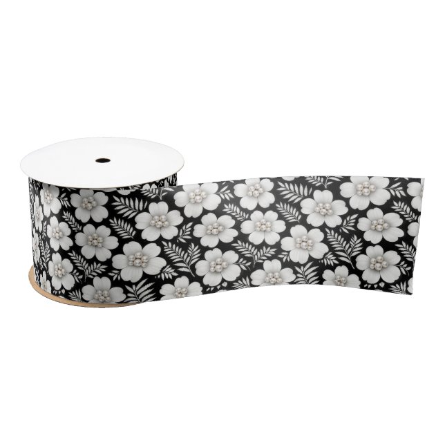 White Pearls in Flower Pattern Satin Ribbon (Spool)