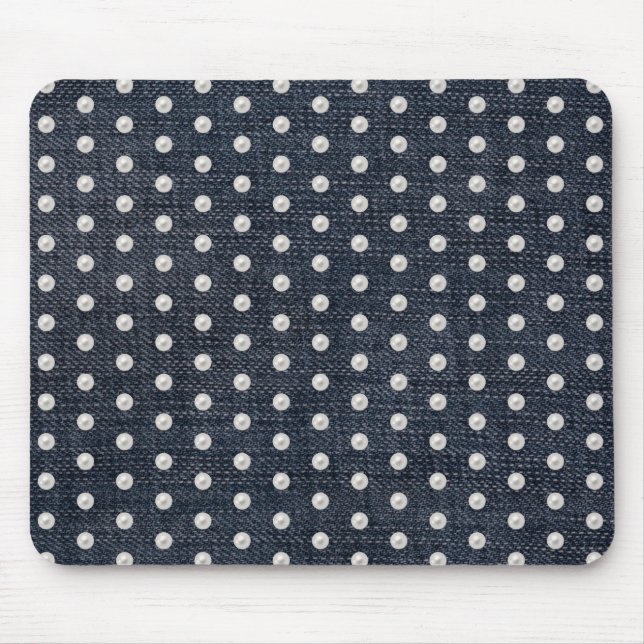 white pearls on blue denim mouse pad (Front)