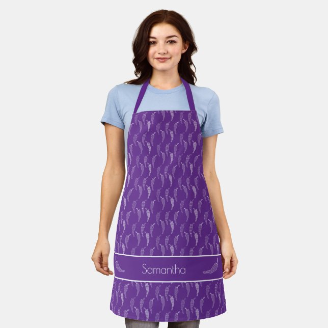 White Peck of Patterned Peppers on Purple Apron (Worn)