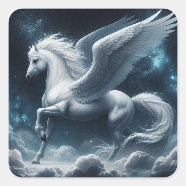 White Pegasus Against the Dark Blue Sky Square Sticker (Front)