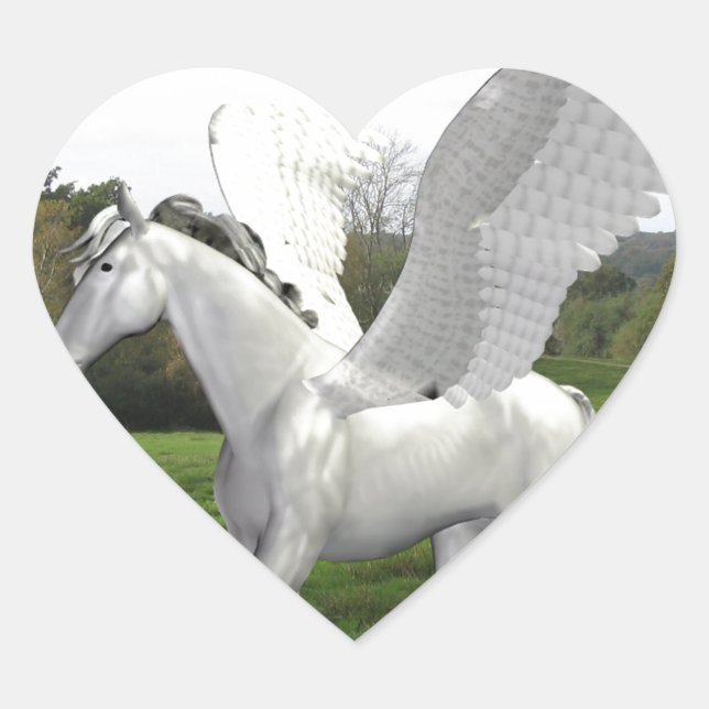 White Pegasus in a Field Heart Sticker (Front)