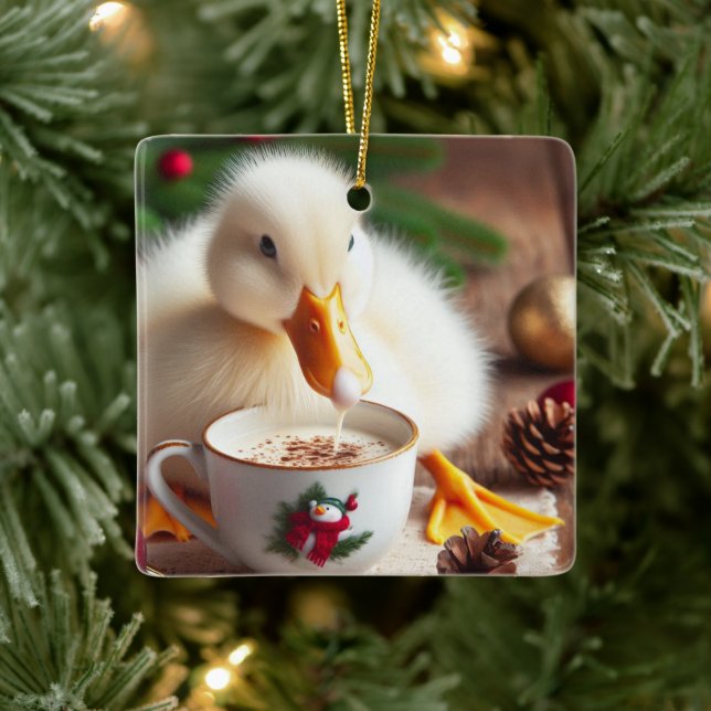 White Pekin Christmas Duck Ceramic Ornament (Tree)