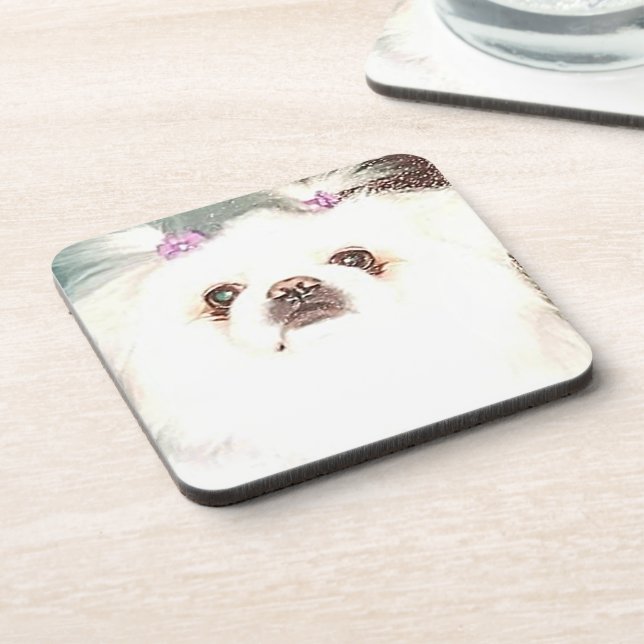 White Pekingese Dog Hard plastic coaster (Left Side)