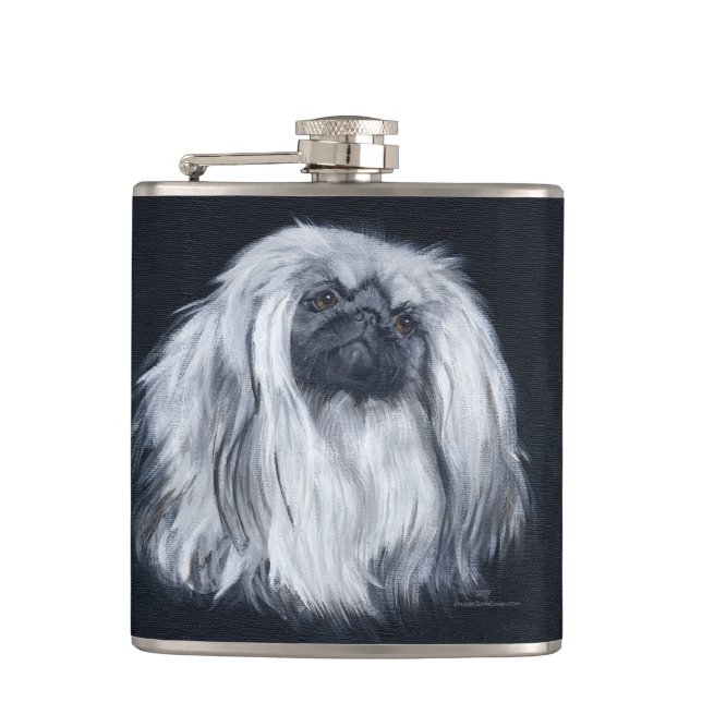 White Pekingese Dog Hip Flask (Front)