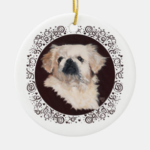 White Pekingese Head Study Ceramic Tree Decoration