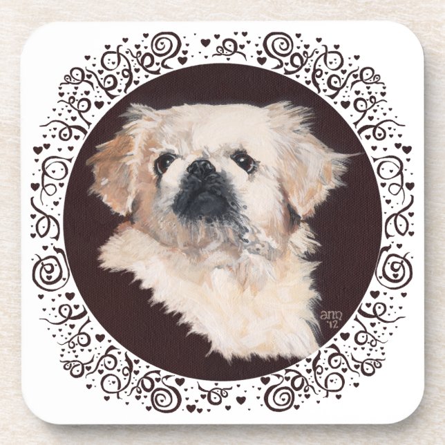 White Pekingese Head Study Coaster (Front)