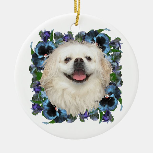 White Pekingese with Pansies Ceramic Ornament (Front)