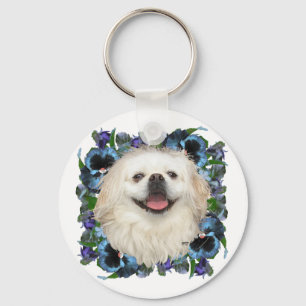White Pekingese with Pansies Key Ring