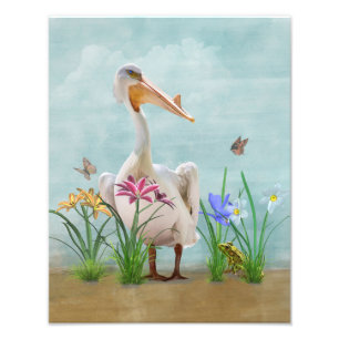 White Pelican with Flowers and Butterflies Photo Print