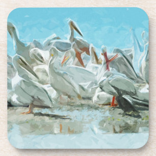 White Pelicans and Black Friend Abstract Coaster