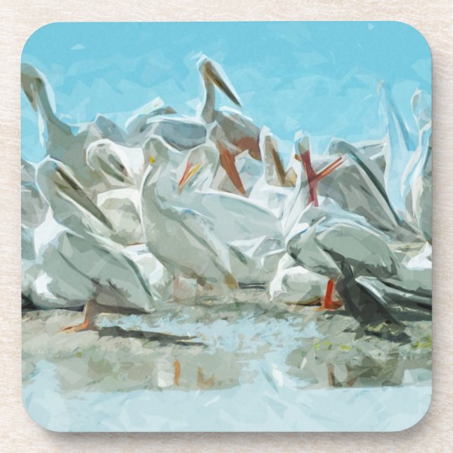 White Pelicans and Black Friend Abstract Coaster (Front)