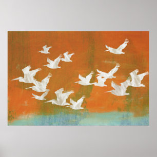 White Pelicans in Flight Coastal Fine Art Bird Poster