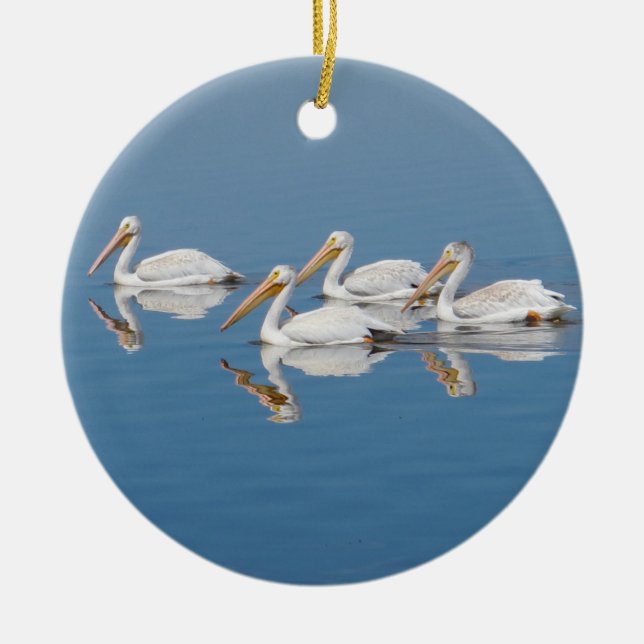 White Pelicans on Barr Lake Ceramic Tree Decoration (Front)