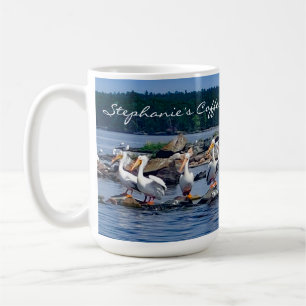 White Pelicans Party on the Lake Personalised Coffee Mug