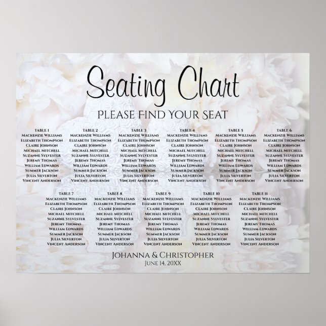 White Peonies 11 Table Wedding Seating Chart (Front)