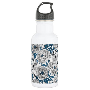 White peonies and blue tit birds 532 ml water bottle