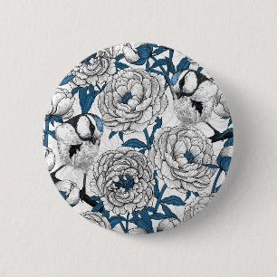 White peonies and blue tit birds 6 cm round badge