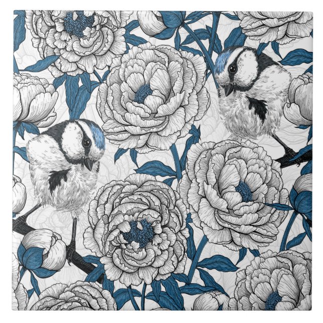 White peonies and blue tit birds ceramic tile (Front)