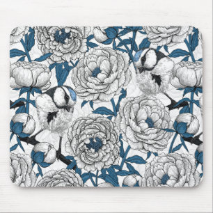 White peonies and blue tit birds mouse pad