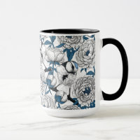 White peonies and blue tit birds