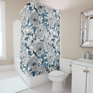 White peonies and blue tit birds shower curtain