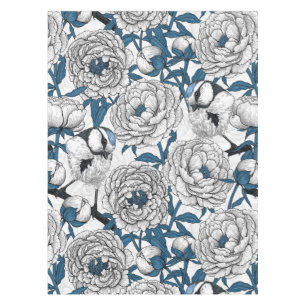 White peonies and blue tit birds tablecloth