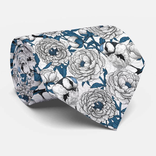 White peonies and blue tit birds tie (Rolled)