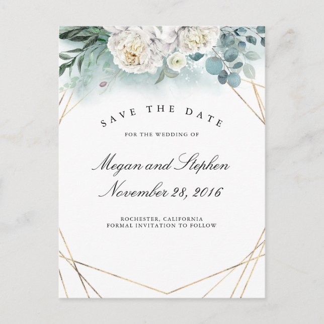 White Peonies and Gold Frame Modern Save the Date Announcement Postcard (Front)