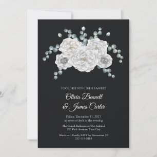 White Peonies and Silver Dollar Black Tie Wedding Invitation